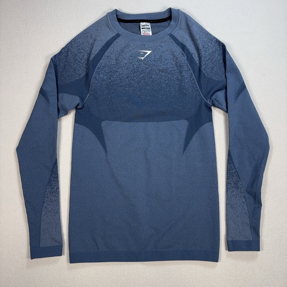 Gymshark Shadow Seamless Shirt Men S Blue Muscle Fit  Tonal Jacquard Center Logo